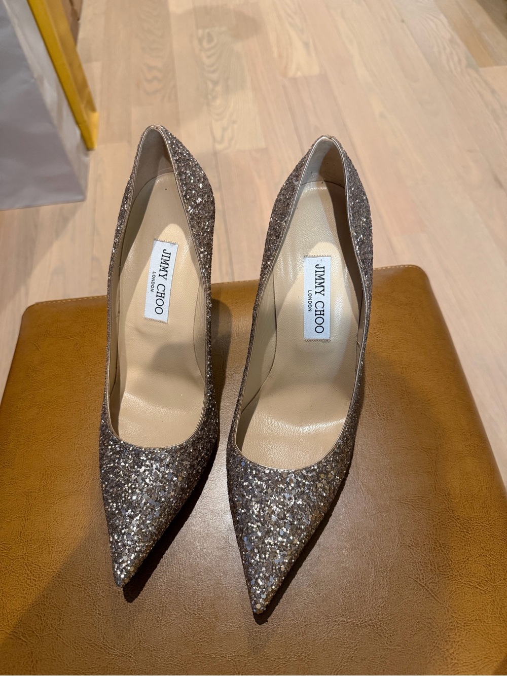 Jimmy Choo Glitter Pointed Toe Pumps - Champagne Gold